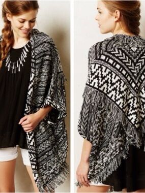 Anthropology Moth Black and White Graphic Knit Fringe Wrap